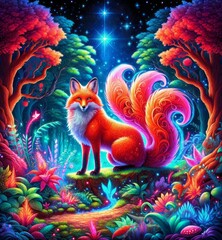 Bright Fantasy Red Fox Animal Portrait in Neon Light Magic Forest Scene Bright Vivid Colorful Digital Generated Illustration