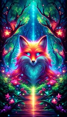 Bright Fantasy Red Fox Animal Portrait in Neon Light Magic Forest Scene Bright Vivid Colorful Digital Generated Illustration