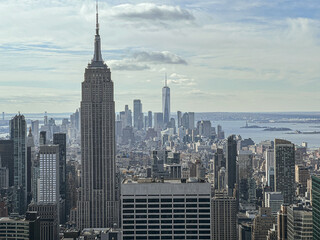 Aerial panoramic view of New-York city Manhattan skyline Empire State Building and One world trade center skyscraper, from top of the rock