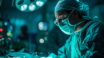 Surgeon in the Operating Room:  A skilled surgeon performing a delicate procedure in the operating room, surrounded by advanced medical equipment - obrazy, fototapety, plakaty