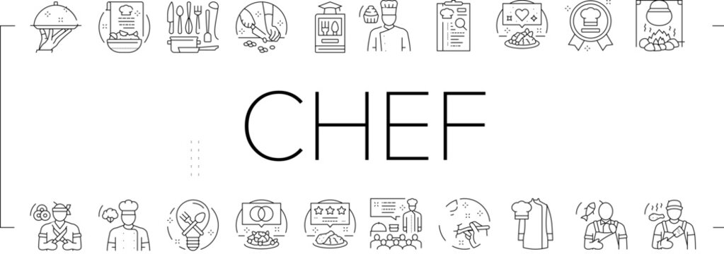 restaurant chef cooking food icons set vector. kitchen cook, man uniform, hotel professional, dish commercial, male gourmet restaurant chef cooking food black line illustrations