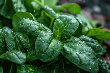 Fototapeta na wymiar raindrops on a green leaf spinach
