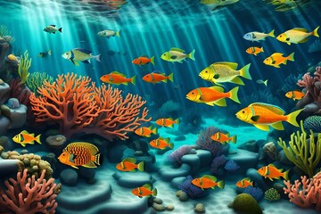 Fototapeta na wymiar Step into the serenity of the ocean depths with a super realistic stock illustration showcasing a Coral reef and Underwater sea background with fish and algae.