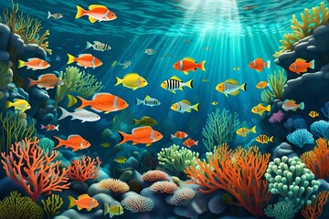 Step into the serenity of the ocean depths with a super realistic stock illustration showcasing a Coral reef and Underwater sea background with fish and algae.