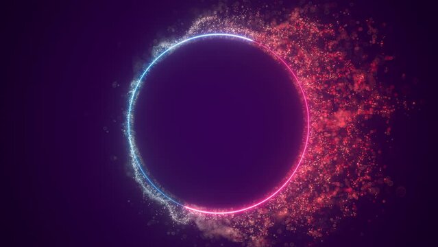 A modern round frame with a glowing neon ring of particles moving and expanding. Perfect for advertising, banners, logos, or intro text. Ultra HD 4K 3840x2160 3D Animation.
