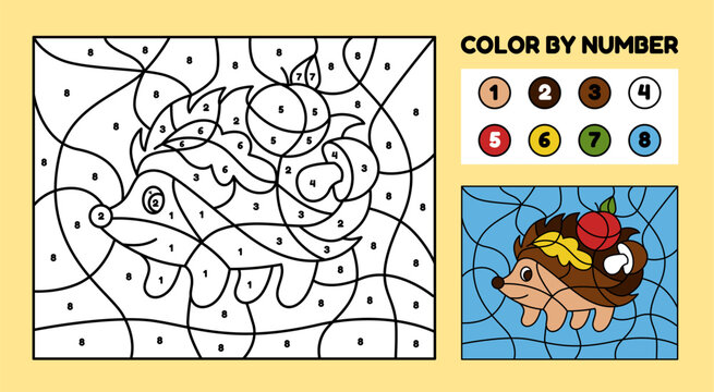 Worksheet coloring puzzle. Cartoon hedgehog. Autumn apple leaves or mushroom. Colors by numbers. Find paints. Kawaii animal. Logic game. Children contour drawing. Education book. Vector kids tidy page