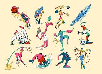 Sport people. Athletes tournament. Basketball and soccer. Football player. National games. Woman and man playing balls. Team competition. Boxer and swimmer. Snowboarding person. Vector sportsmen set © Natalia