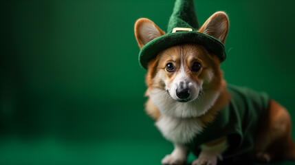Corgi in a fancy costume for St. Patrick's Day. copy space	