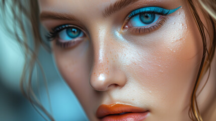 professional beauty photography. studio shot in fashion style. close up model's face wearing trendy 2024 makeup with blue eyeliner - Powered by Adobe
