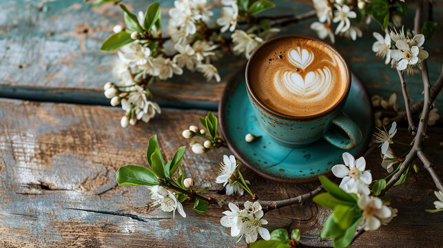 coffee cup with latte art and spring blossom. minimalist background with copy space and selective focus.