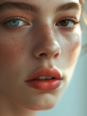 close up model's face with heterochromia . One eye is brown and another one is blue. complete heterochromia iridis concept 