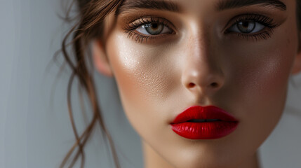 professional beauty photography. studio shot in fashion style. close up model's face wearing trendy 2024 makeup with red lips