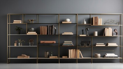 A minimalist shelf, with sleek metal edges and glass shelves