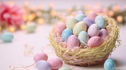 Fototapeta na wymiar Colorfully painted Easter eggs in a basket on a rustic wooden table with a vibrant traditional cloth, evoking a sense of festive celebration.
