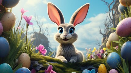 Cute rabbit in a field of colored eggs and spring flowers. The Easter bunny has large, expressive eyes and soft fur