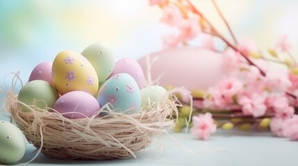 Colorfully painted Easter eggs in a basket on a rustic wooden table with a vibrant traditional cloth, evoking a sense of festive celebration.