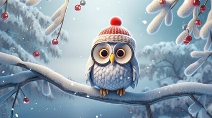Illustrated owl on a snowy branch wearing an orange hat, with winter berries. - obrazy, fototapety, plakaty