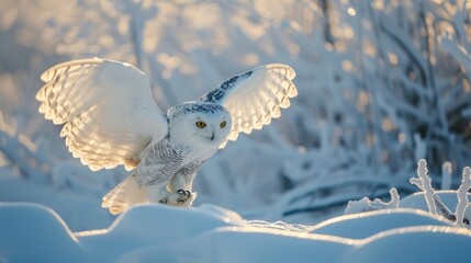 Naklejka premium A snowy owl in flight over a winter landscape, wings spread wide.