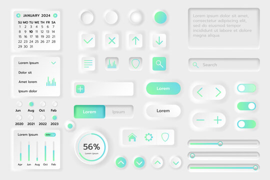 UI button. Kit Neomorphic app isolated elements, calendar UX objects, mobile web interface, template application, different icon, screen with buttons, tools and diagrams, dashboard for GUI vector menu