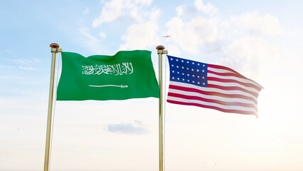United States and Saudi Arabia flags waving against a blue sky. 4K ULTRA HD. 