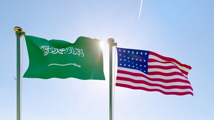 United States and Saudi Arabia flags waving against a blue sky. 4K ULTRA HD.	
