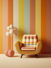 Stylish armchair with striped wall in 70s background, Generative AI - 703398462