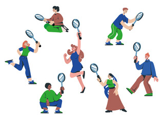 People hold magnifier glass. Search person curious, job investigate, detective research, men and women flat cartoon character, young employee, find and check information, hand work. Vector review