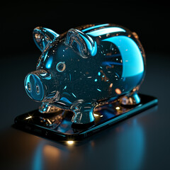 Digital Finance: Isolated 3D Smartphone with Blue Transparent Glass Piggy Bank for Savings Visualization.