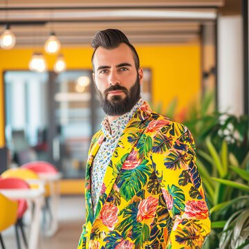 Handsome Bearded Man in a Colorful Tropical Suit. Urban and Hipster Vibes in a Modern Office Setting.