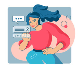 People fill out. Woman putting checkmarks. Agenda checklist. Online questionnaire. Note checkboxes. Digital complete list. Document confirm tick. Agreement options. Web application. Vector concept
