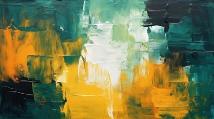 Abstract Green black white yellow paint strokes oil painting on canvas Grungy background