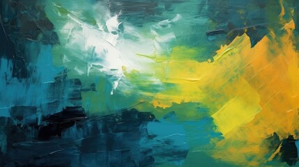 Abstract Green black white yellow paint strokes oil painting on canvas Grungy background