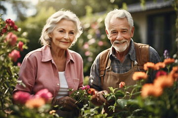 Beautiful senior couple working in the garden. Landscape designer at work. Smiling elderly man and woman gardeners caring for flowers and plants. Hobby in retirement - obrazy, fototapety, plakaty