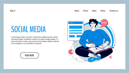 Social media landing page. Author writing content. Network service. Digital message. Blog creating. Mail sending. Online communication. Internet technology. Website design template. Vector background