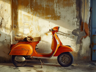 Vintage orange scooter against rustic wall, timeless charm, urban exploration.