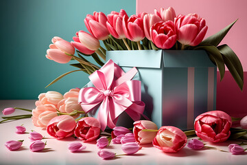 Gift box with a bouquet of pink tulips. Greeting card for International Women's Day, Mother's Day, Valentine's Day, Birthday
