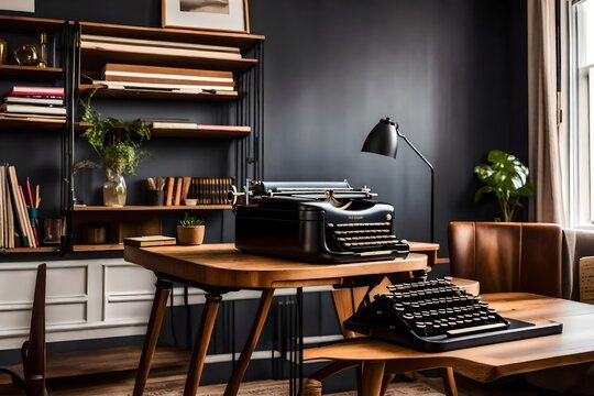 Step into the sophistication of a hipster's haven with a real photo stock image featuring a Black retro typewriter placed on a unique wooden desk, adorned by a mid-century modern chair and a renovated