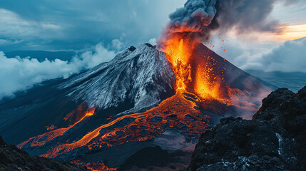 Surreal depiction of a volcano eruption, emphasizing the fiery lava and smoky atmosphere. Use bold colors and dramatic lighting