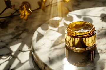 Open golden jar of luxury cream on a marble table, sunlight and shadows, cosmetics ad