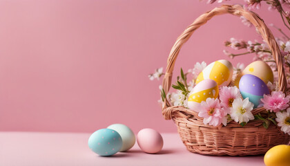 Fototapeta na wymiar Basket with Easter eggs and flowers on the table on pink background, copy space.