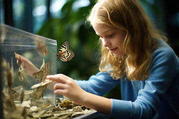 Girl admiring butterflies in exhibition indoors - obrazy, fototapety, plakaty