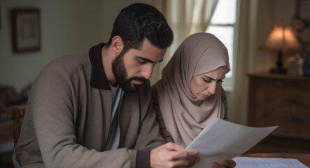 Muslim Couple Man and Woman Worried Reading Letter - obrazy, fototapety, plakaty