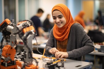 Middle Eastern teen girl engaged in robotics assembly in lab