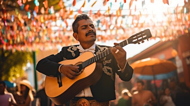 Mariachi musician playing guitar at Cinco de Mayo festival