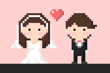 Man and Woman Couple in wedding dress and suit, bride and groom Icon, Pixel 8 bit style