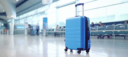Suitcases in airport terminal waiting area, airplane background, summer vacation Tourist journey trip concept