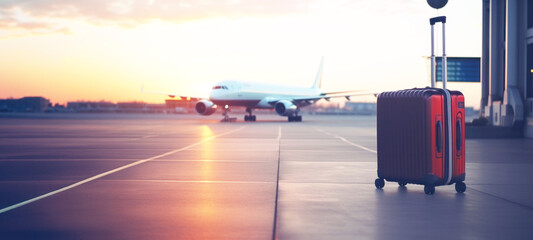 Suitcases in airport terminal waiting area, airplane background, summer vacation Tourist journey trip concept