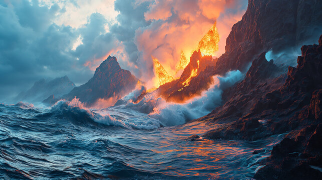 Apocalyptic vision of a volcano erupting