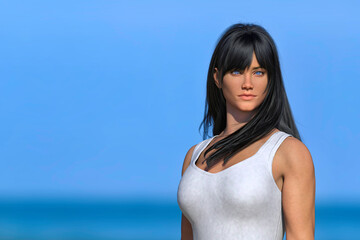 Fototapeta na wymiar Pretty woman by the sea. 3D rendering.
