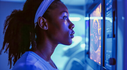 Focused woman using futuristic interface, tech and innovation concept.